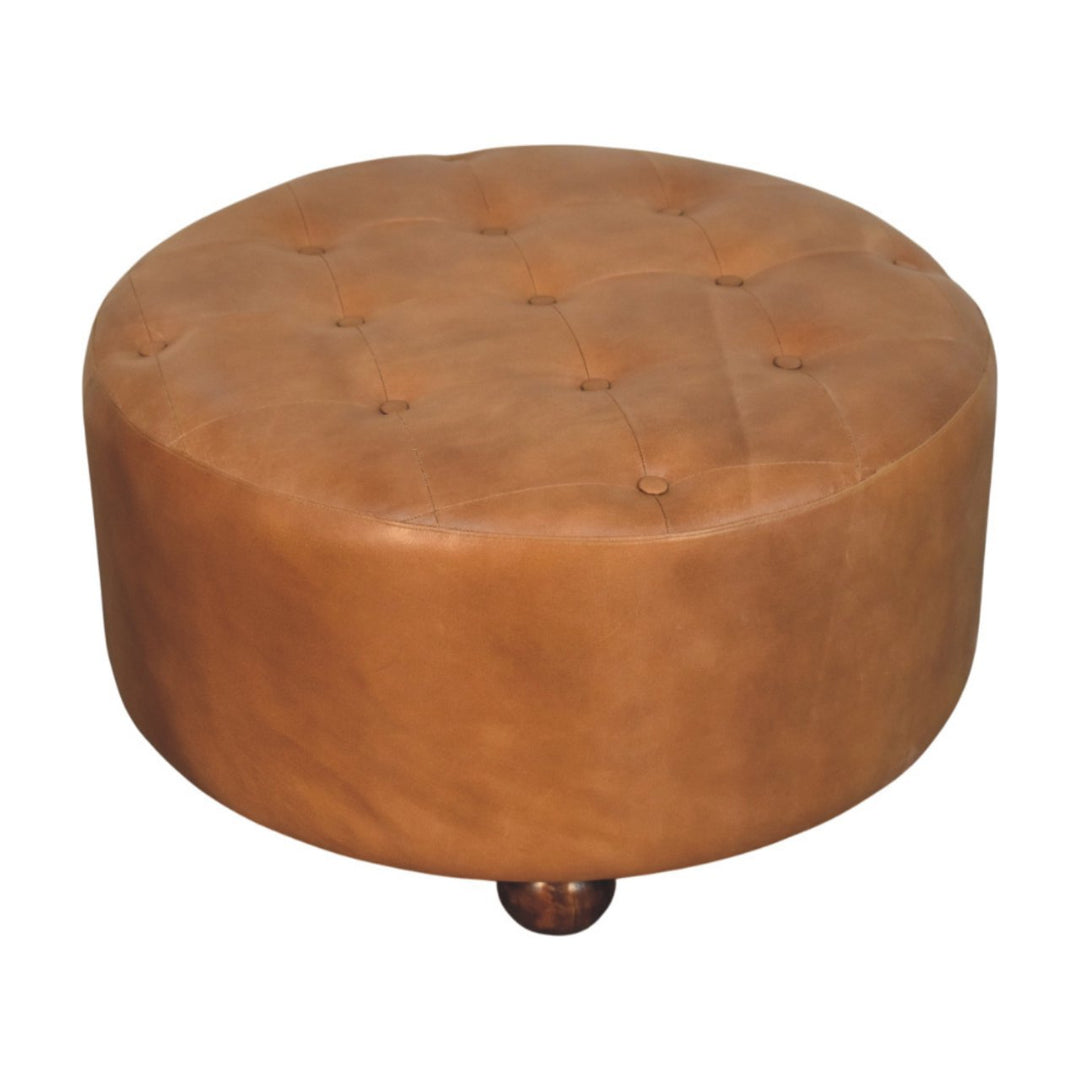 Brown Buffalo Hide Leather Upholstered, Round Ottoman, Tan and Brown