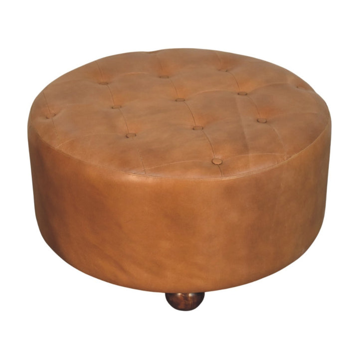 Brown Buffalo Hide Leather Upholstered, Round Ottoman, Tan and Brown
