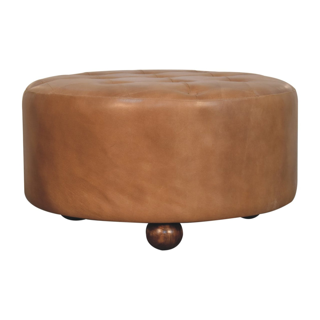 Brown Buffalo Hide Leather Upholstered, Round Ottoman, Tan and Brown