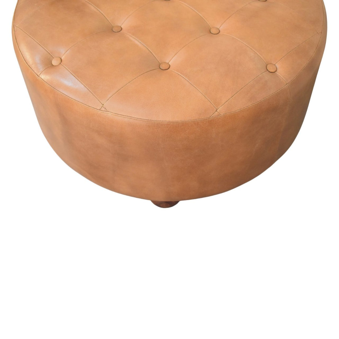 Brown Buffalo Hide Leather Upholstered, Round Ottoman, Tan and Brown