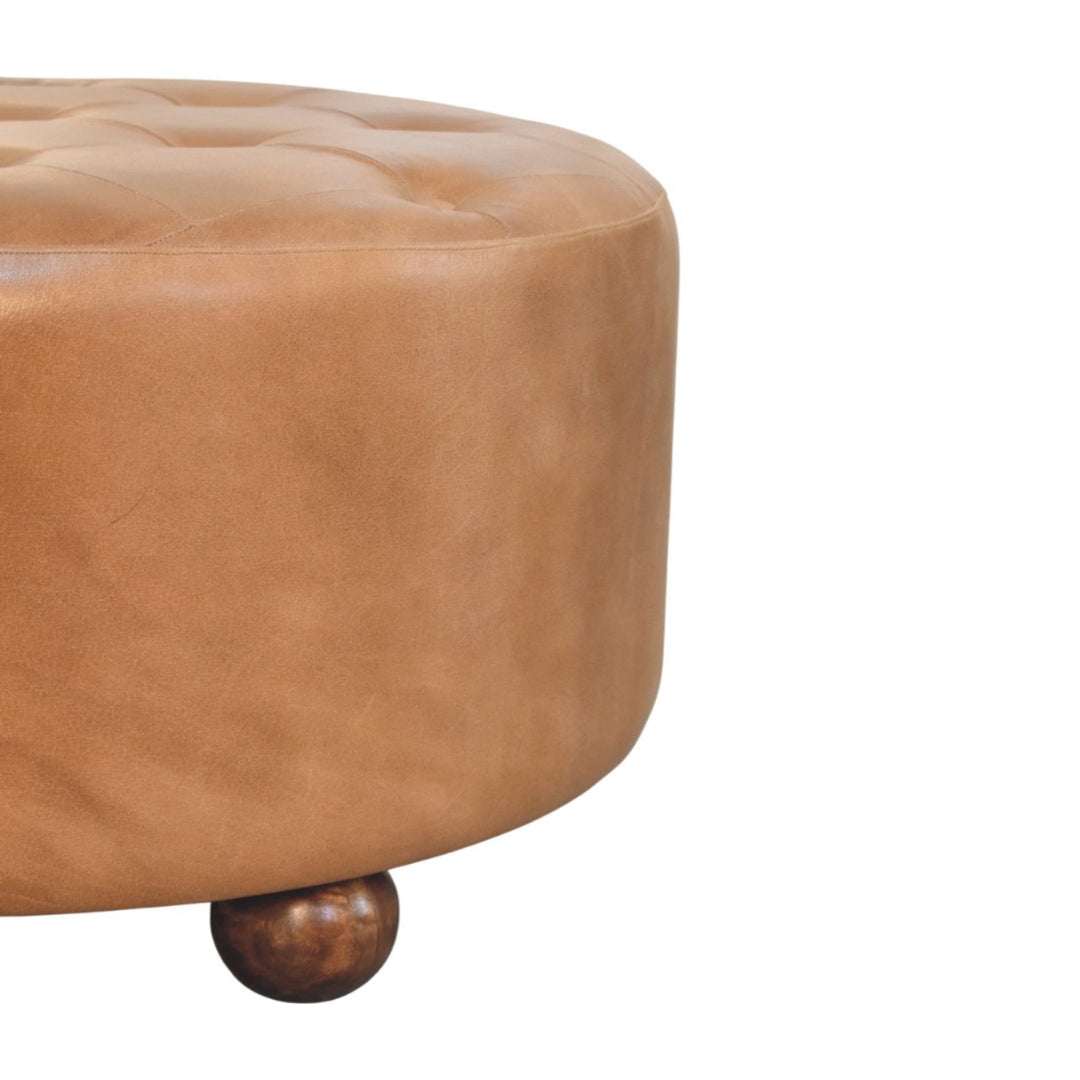 Brown Buffalo Hide Leather Upholstered, Round Ottoman, Tan and Brown