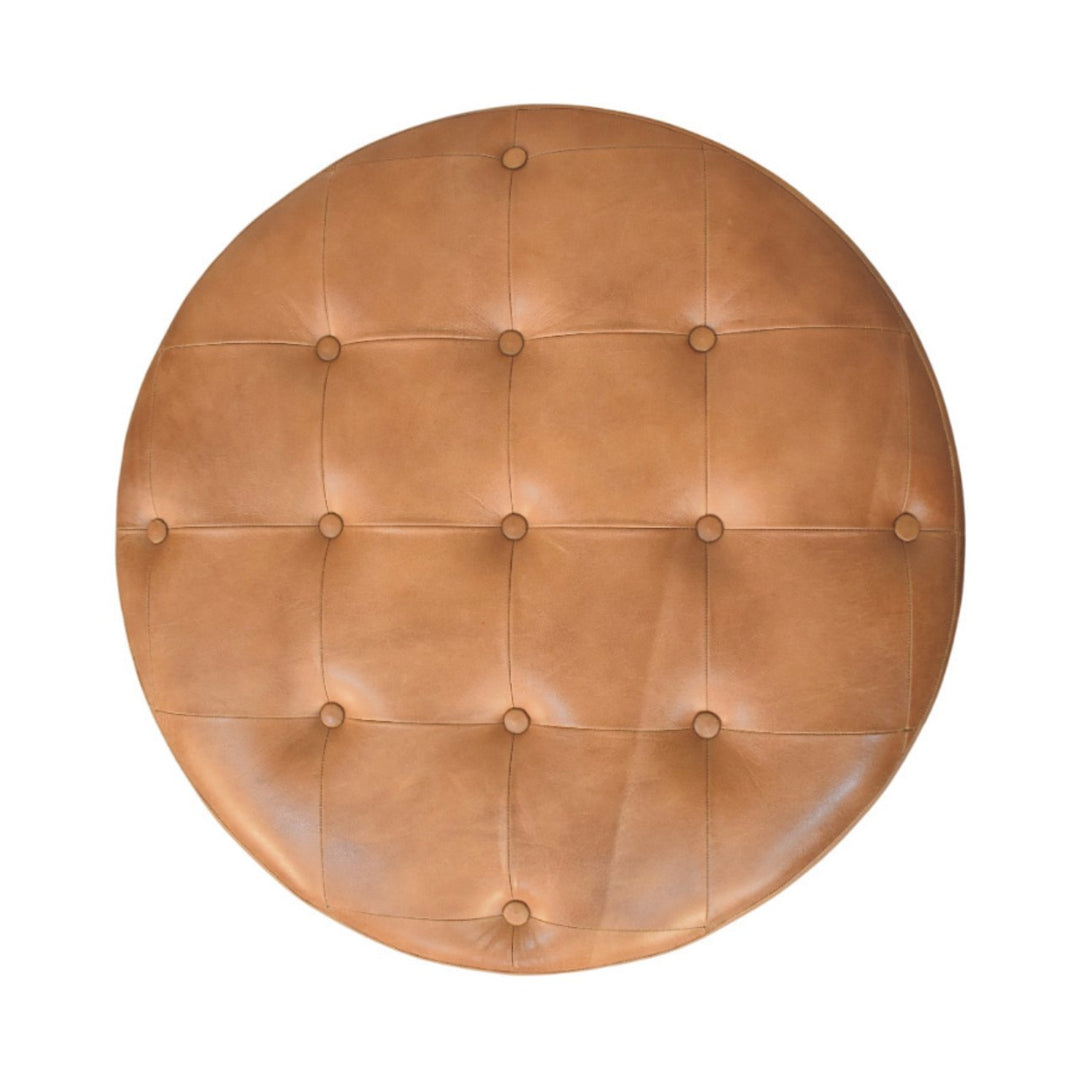 Brown Buffalo Hide Leather Upholstered, Round Ottoman, Tan and Brown