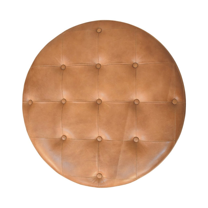 Brown Buffalo Hide Leather Upholstered, Round Ottoman, Tan and Brown