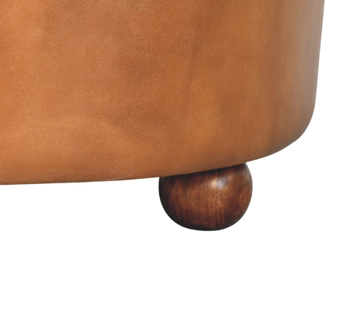 Brown Buffalo Hide Leather Upholstered, Round Ottoman, Tan and Brown