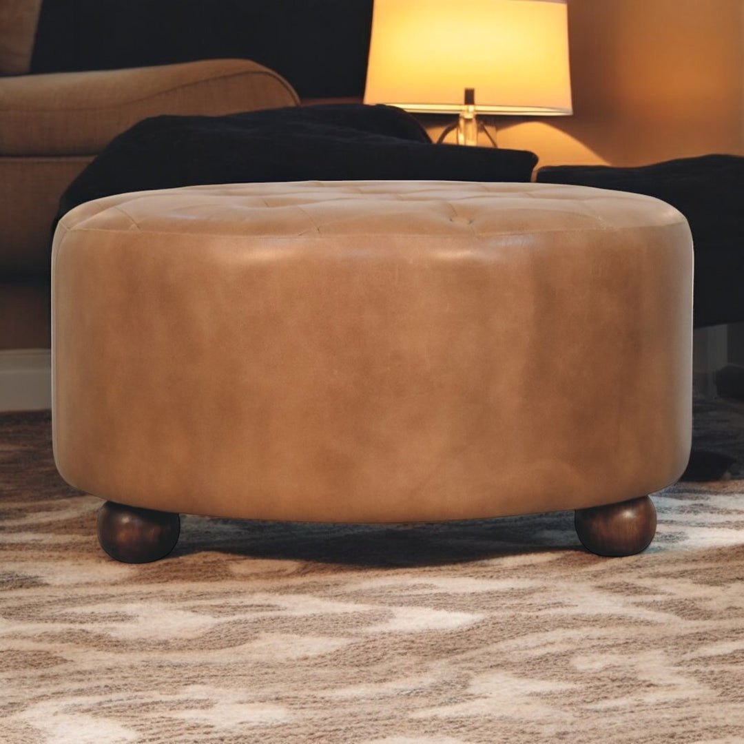 Brown Buffalo Hide Leather Upholstered, Round Ottoman, Tan and Brown