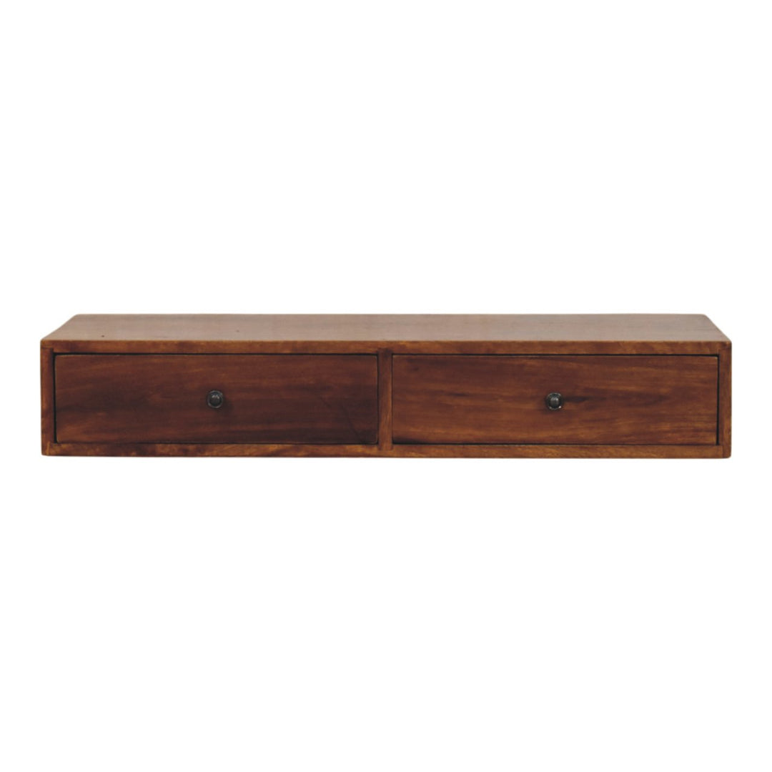 Solid Wood Lunar Wall-Mounted Console, 2-Drawers, Chestnut, Dark Brown