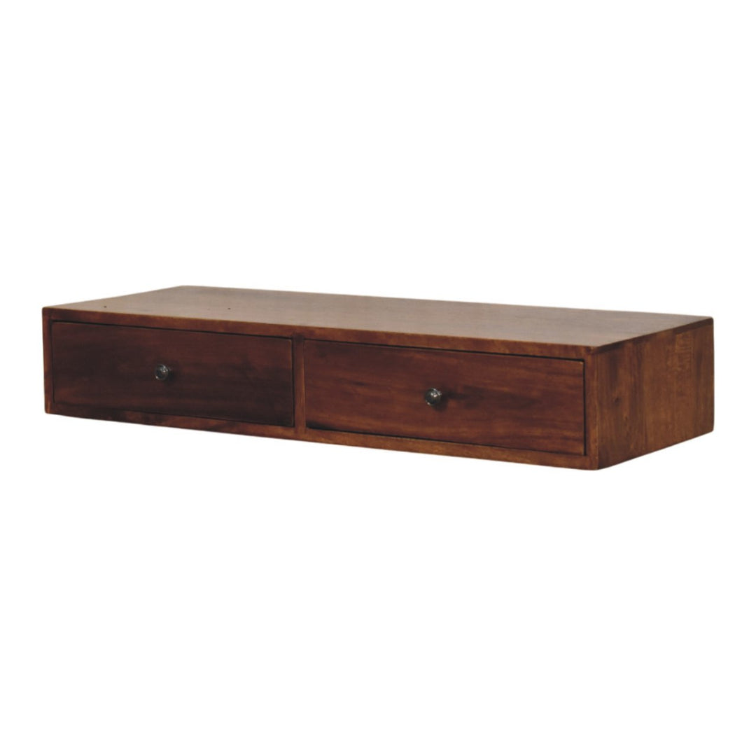 Solid Wood Lunar Wall-Mounted Console, 2-Drawers, Chestnut, Dark Brown