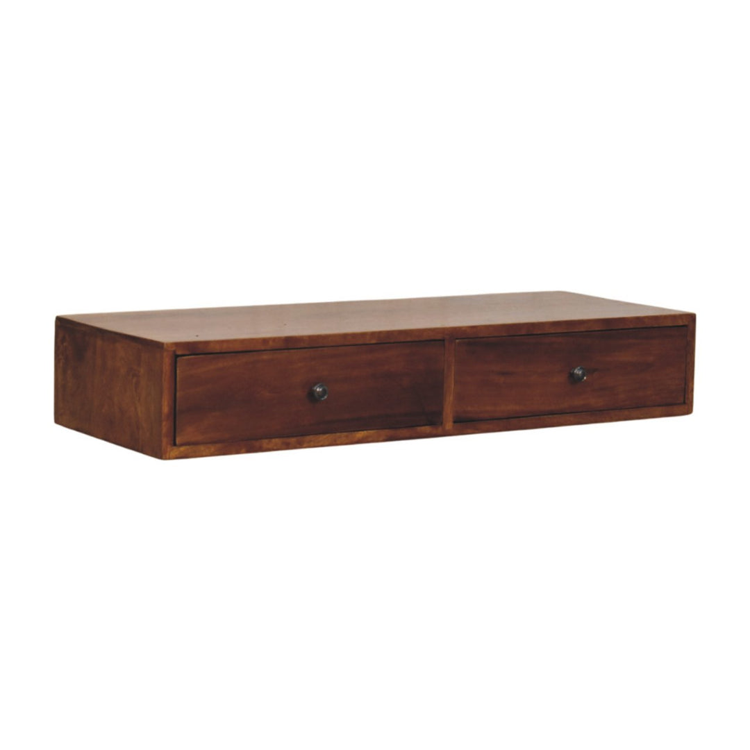 Solid Wood Lunar Wall-Mounted Console, 2-Drawers, Chestnut, Dark Brown