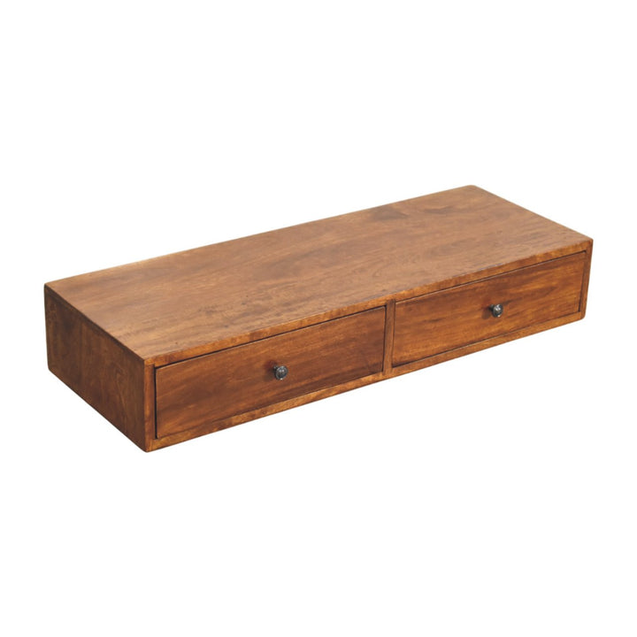 Solid Wood Lunar Wall-Mounted Console, 2-Drawers, Chestnut, Dark Brown