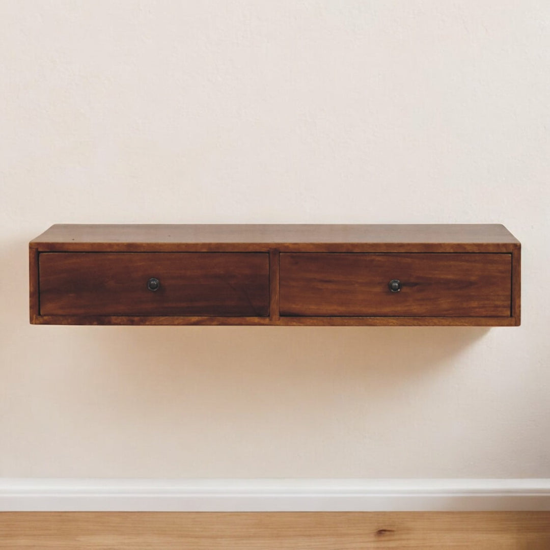 Solid Wood Lunar Wall-Mounted Console, 2-Drawers, Chestnut, Dark Brown