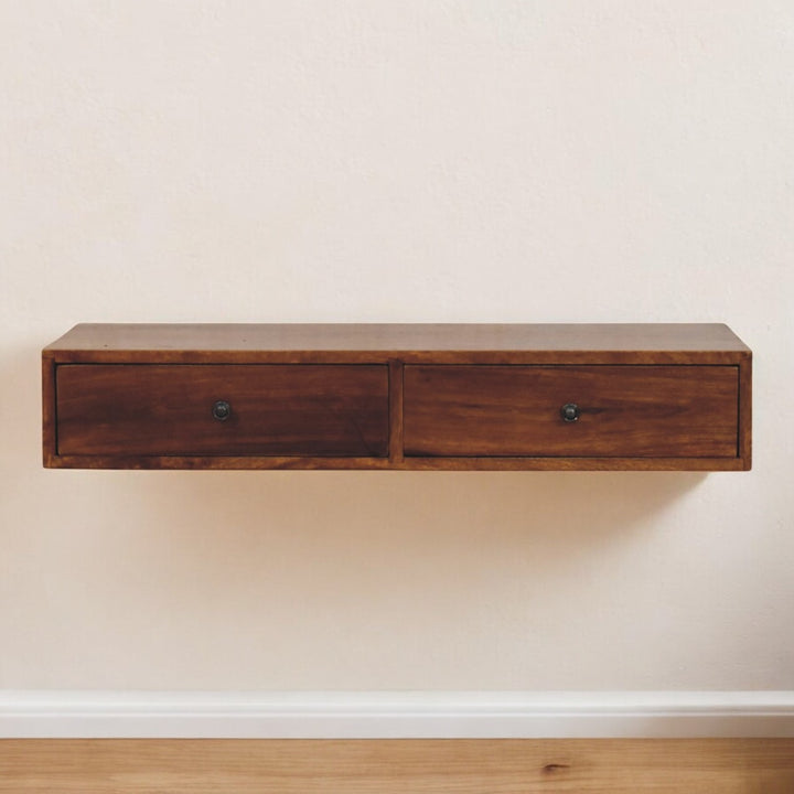 Solid Wood Lunar Wall-Mounted Console, 2-Drawers, Chestnut, Dark Brown