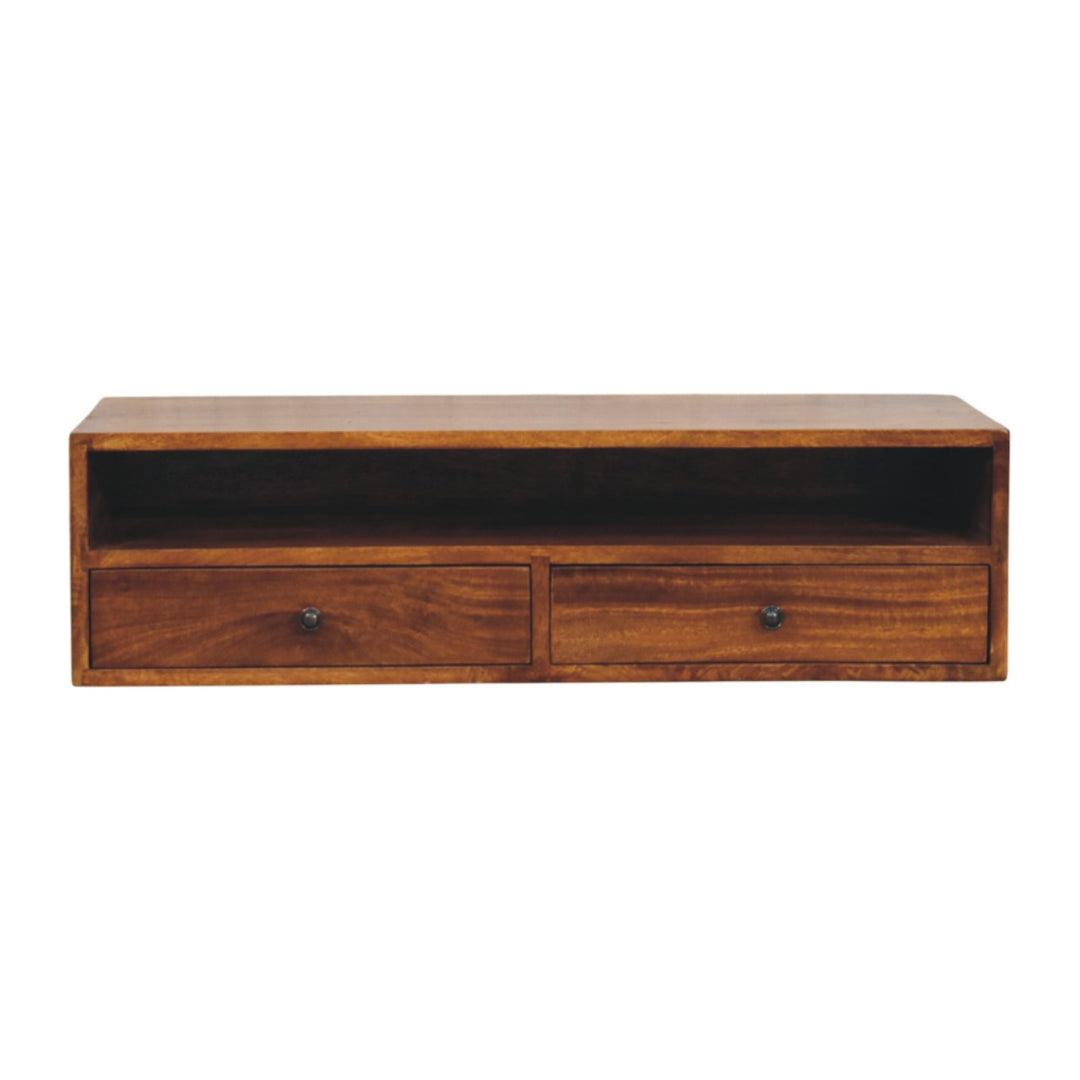 Solid Wood Lunar Wall-Mounted Media Unit, 2-Drawers, Chestnut, Brown