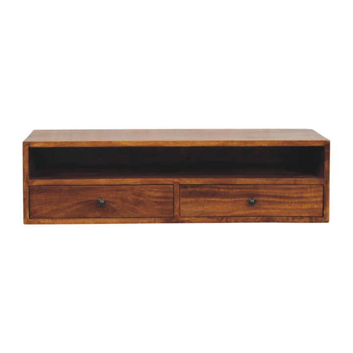 Solid Wood Lunar Wall-Mounted Media Unit, 2-Drawers, Chestnut, Brown
