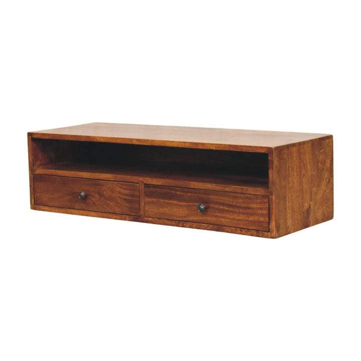 Solid Wood Lunar Wall-Mounted Media Unit, 2-Drawers, Chestnut, Brown