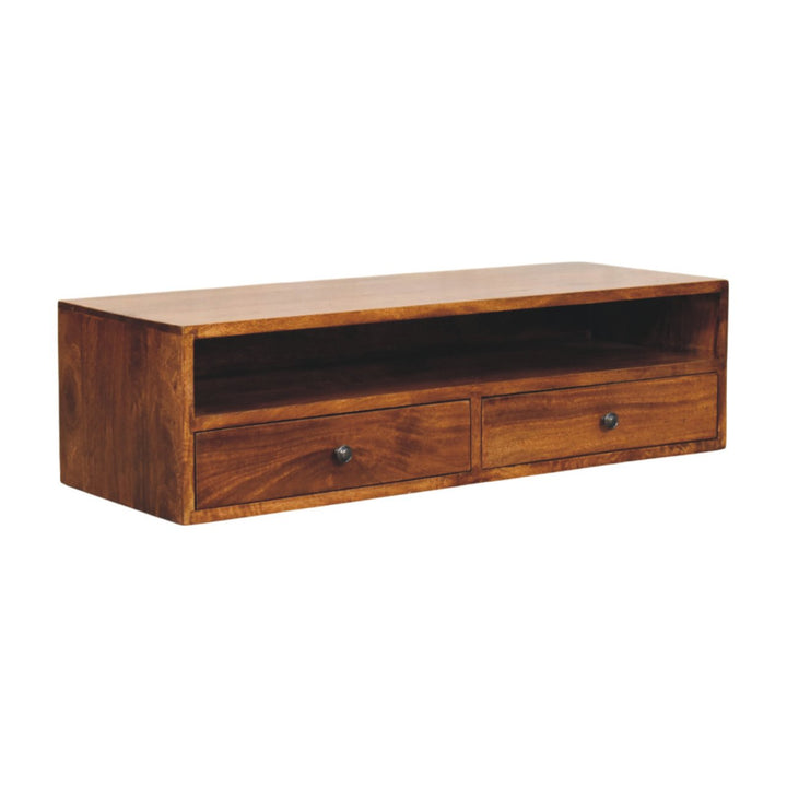Solid Wood Lunar Wall-Mounted Media Unit, 2-Drawers, Chestnut, Brown