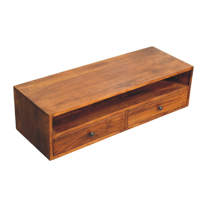 Solid Wood Lunar Wall-Mounted Media Unit, 2-Drawers, Chestnut, Brown