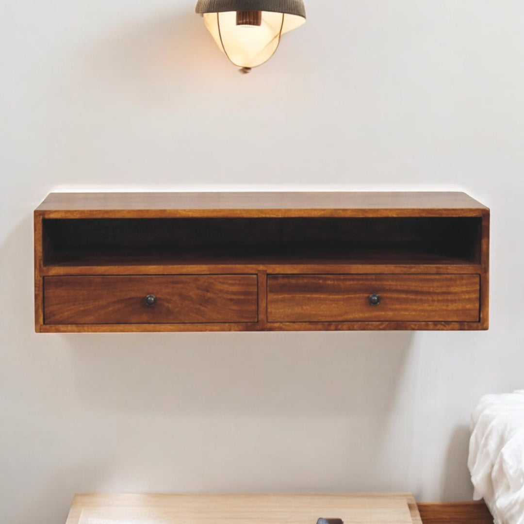 Solid Wood Lunar Wall-Mounted Media Unit, 2-Drawers, Chestnut, Brown