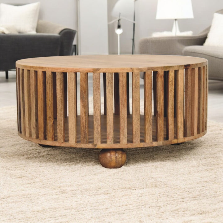 Solid Wood Slatted Round Coffee Table, Oak-ish, Light Brown