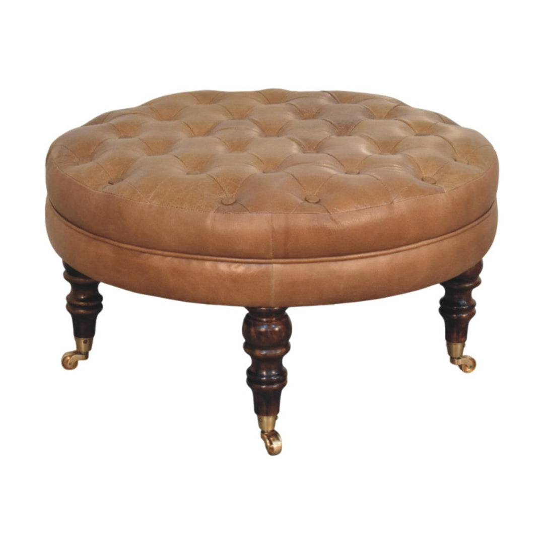 Brown Buffalo Leather Upholstered Round Ottoman with Castor Legs