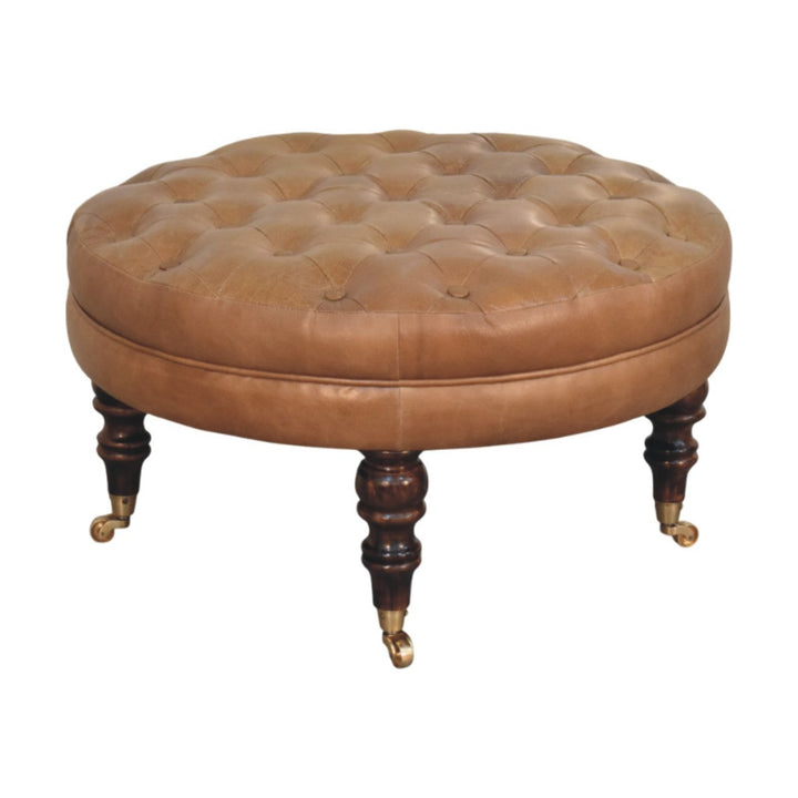 Brown Buffalo Leather Upholstered Round Ottoman with Castor Legs