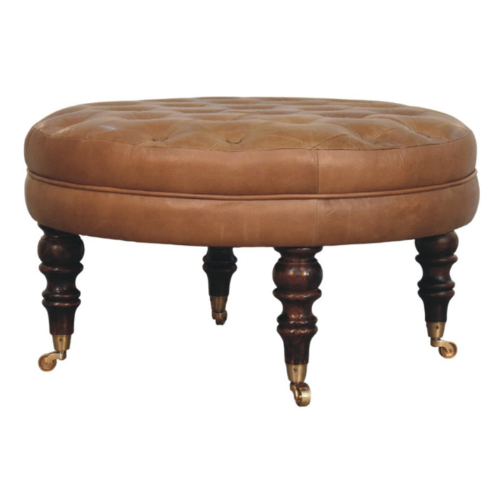 Brown Buffalo Leather Upholstered Round Ottoman with Castor Legs