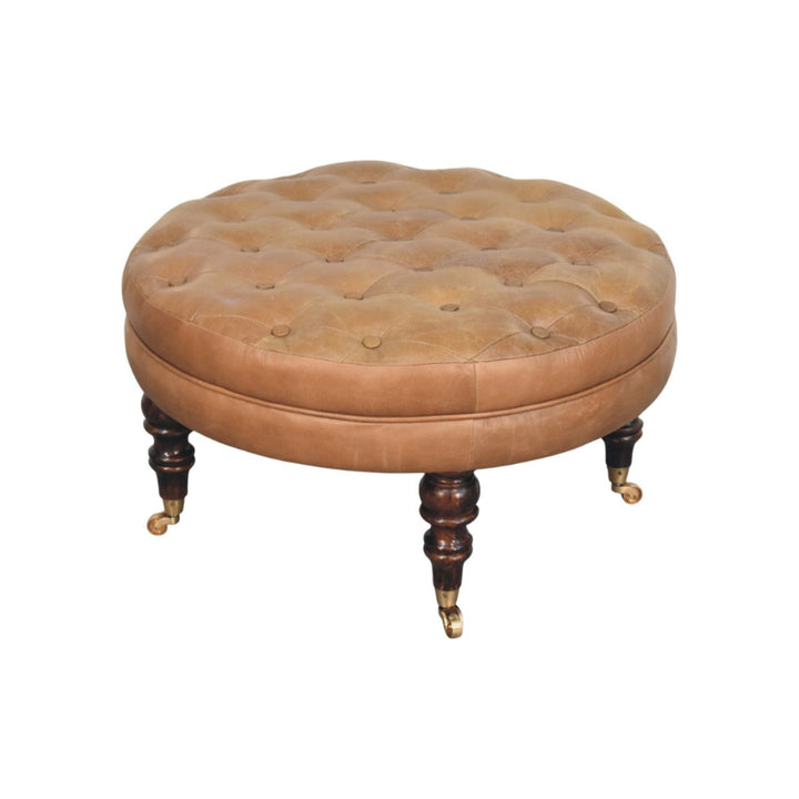 Brown Buffalo Leather Upholstered Round Ottoman with Castor Legs