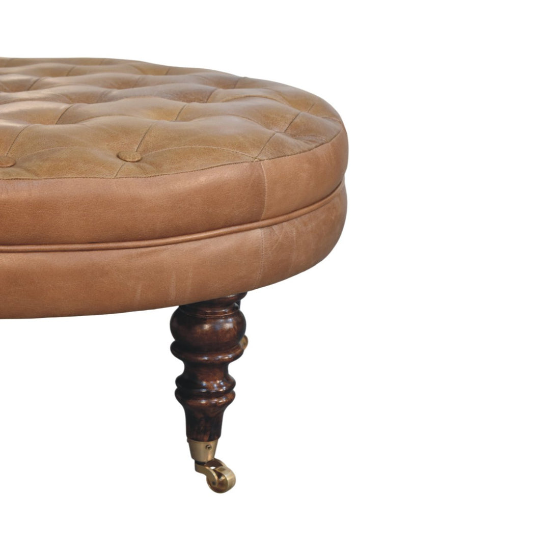 Brown Buffalo Leather Upholstered Round Ottoman with Castor Legs