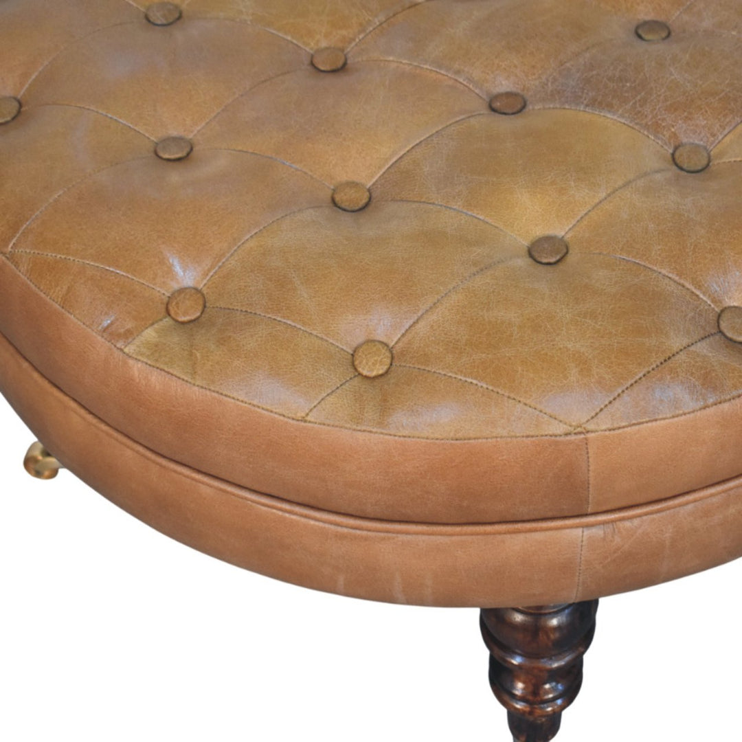 Brown Buffalo Leather Upholstered Round Ottoman with Castor Legs