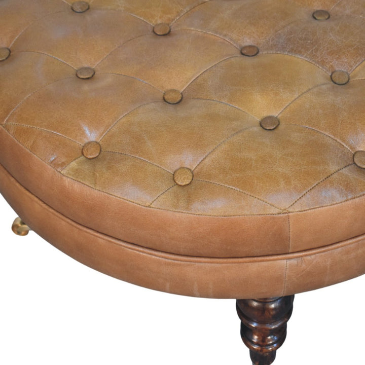 Brown Buffalo Leather Upholstered Round Ottoman with Castor Legs