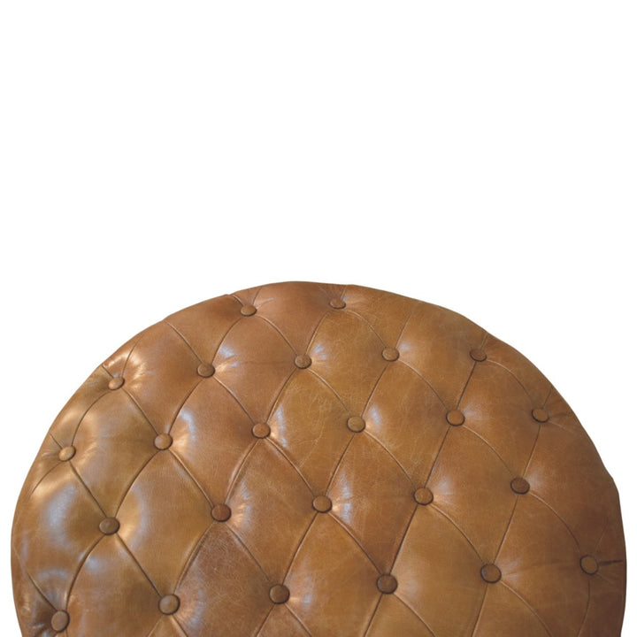 Brown Buffalo Leather Upholstered Round Ottoman with Castor Legs