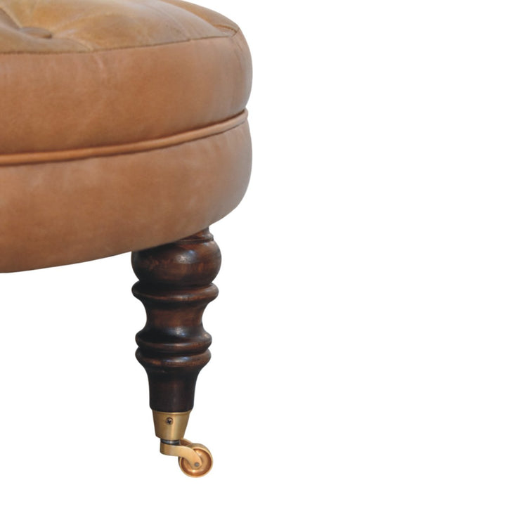 Brown Buffalo Leather Upholstered Round Ottoman with Castor Legs