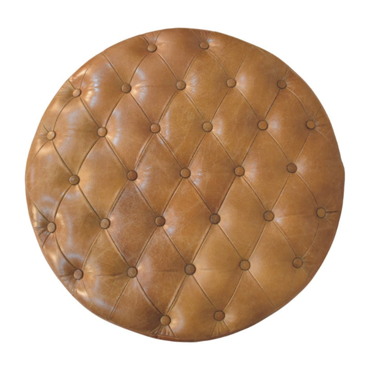 Brown Buffalo Leather Upholstered Round Ottoman with Castor Legs