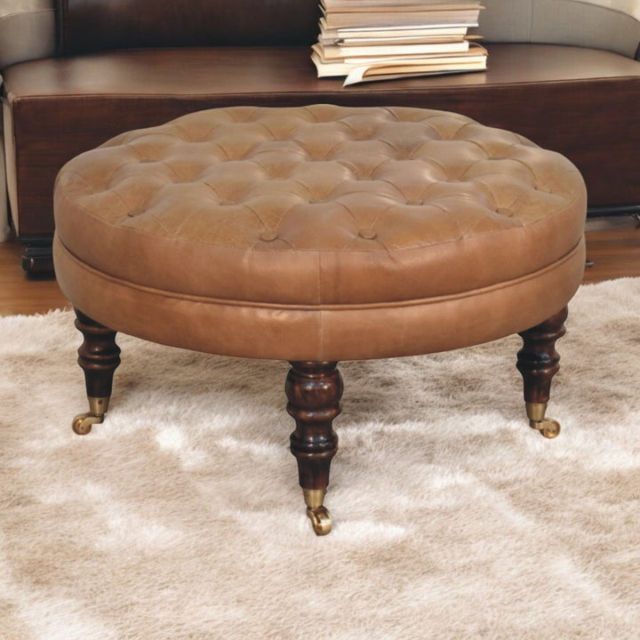 Brown Buffalo Leather Upholstered Round Ottoman with Castor Legs