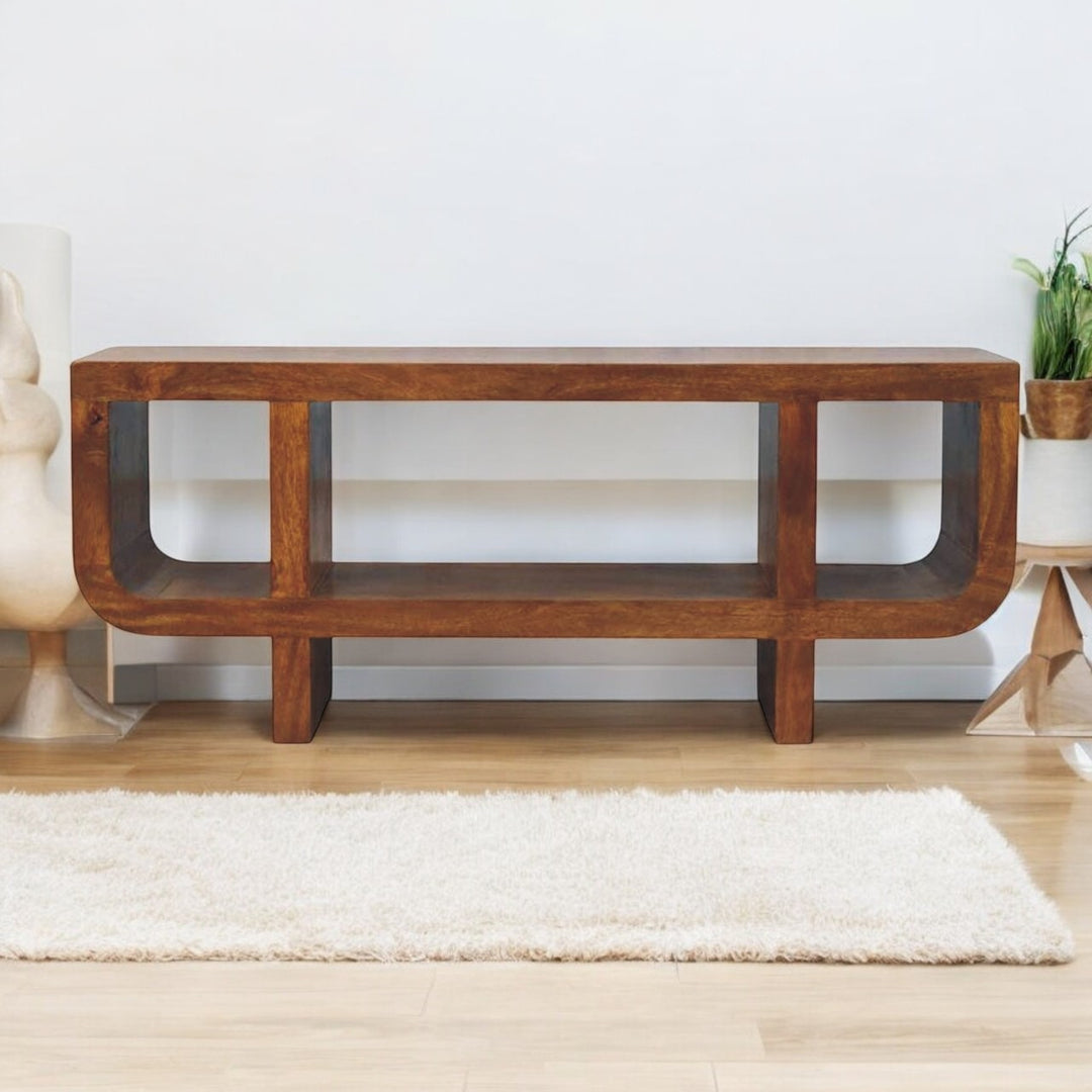 Solid Wood Orion Curved Media Unit, 3 Open Slots, Chestnut, Brown