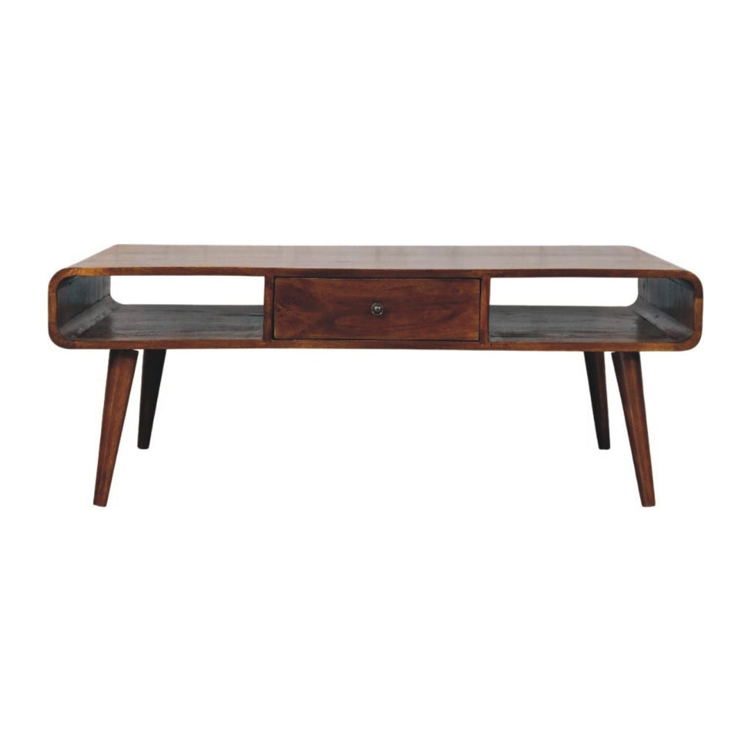 Solid Wood, Avora 2-Drawer, 2 Open-Slot, Chestnut Coffee Table, Dark Brown