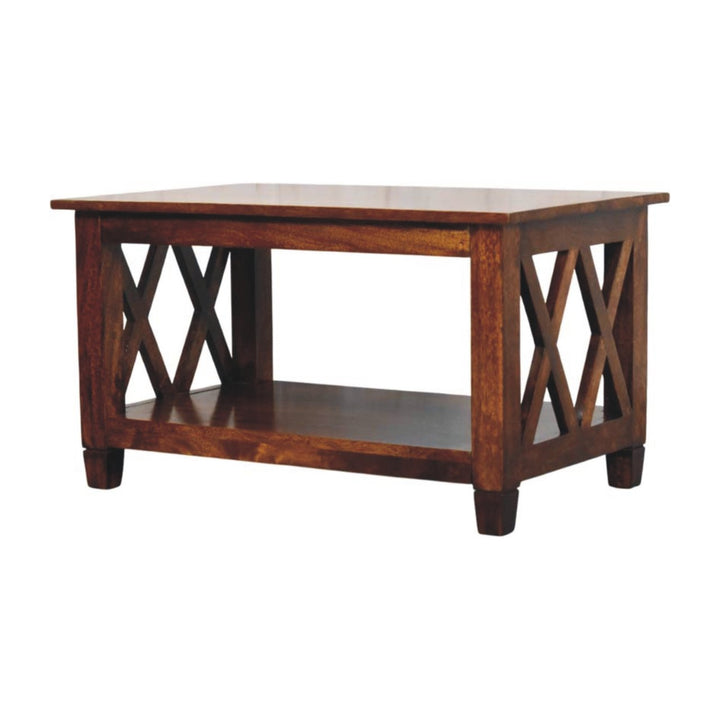 Solid Wood Belmont X-Frame Coffee Table, Chestnut, Dark Brown