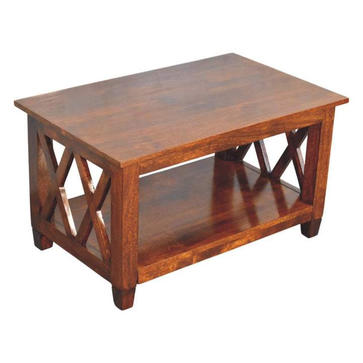 Solid Wood Belmont X-Frame Coffee Table, Chestnut, Dark Brown