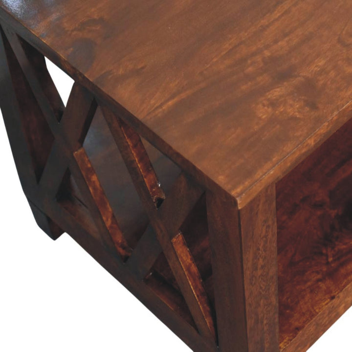 Solid Wood Belmont X-Frame Coffee Table, Chestnut, Dark Brown