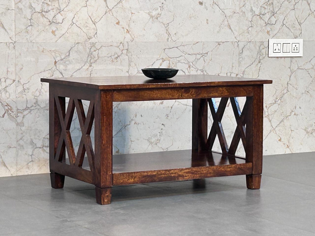 Solid Wood Belmont X-Frame Coffee Table, Chestnut, Dark Brown