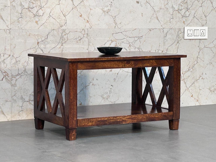 Solid Wood Belmont X-Frame Coffee Table, Chestnut, Dark Brown