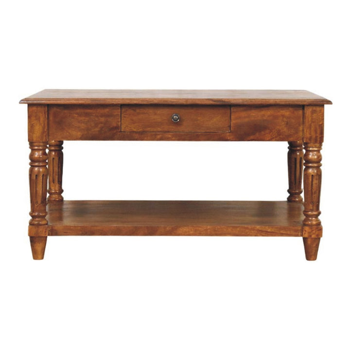 Solid Wood Turned Legs Chestnut Coffee Table, 2-Drawer s, 1 Open Slot, Brown