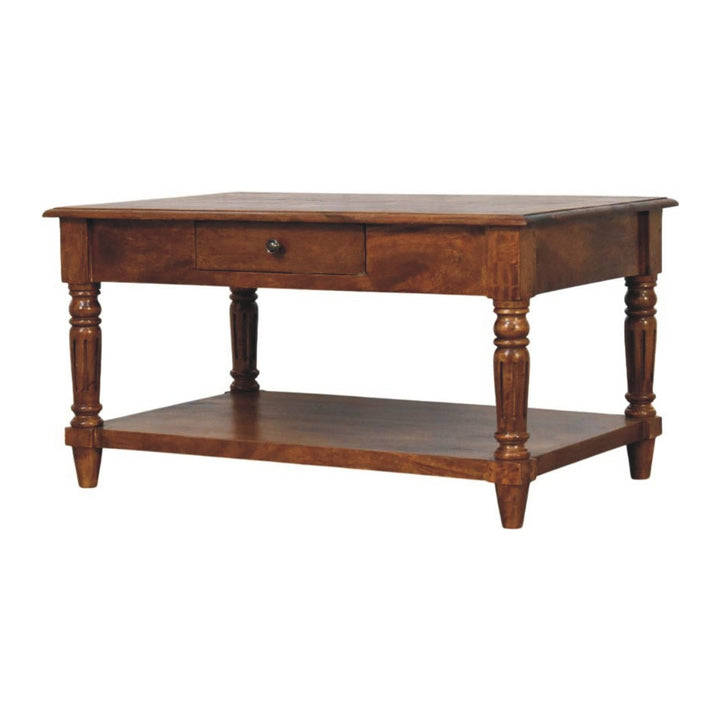 Solid Wood Turned Legs Chestnut Coffee Table, 2-Drawer s, 1 Open Slot, Brown