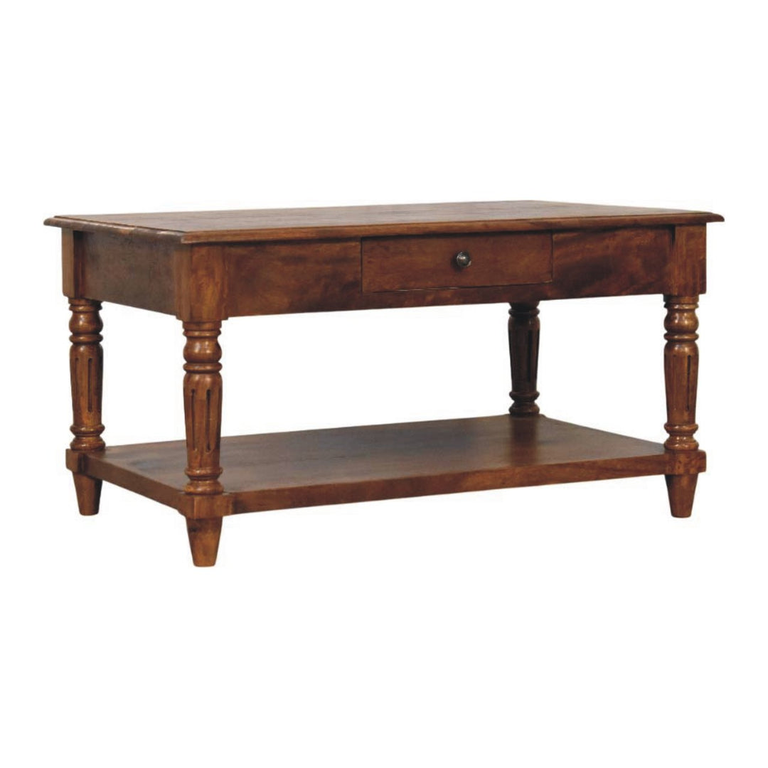 Solid Wood Turned Legs Chestnut Coffee Table, 2-Drawer s, 1 Open Slot, Brown