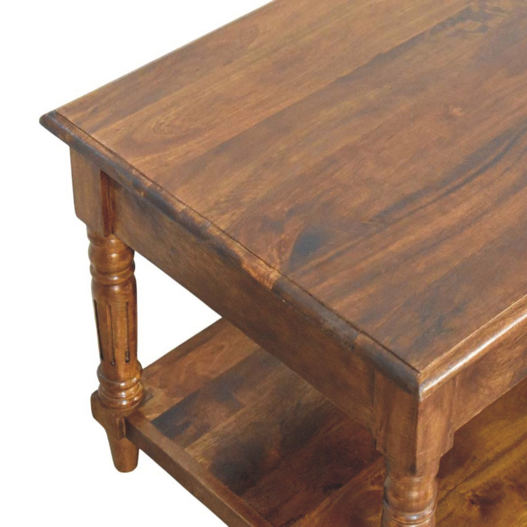 Solid Wood Turned Legs Chestnut Coffee Table, 2-Drawer s, 1 Open Slot, Brown