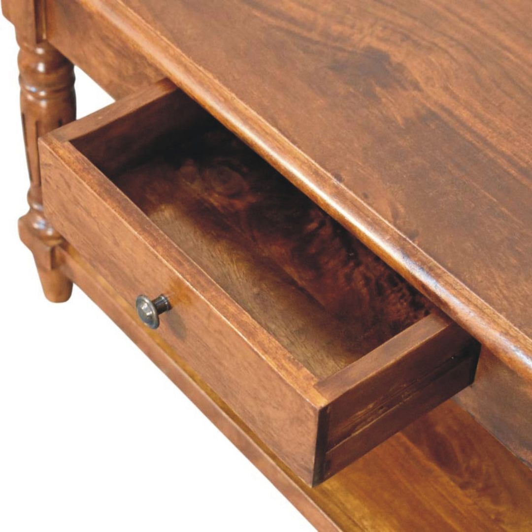 Solid Wood Turned Legs Chestnut Coffee Table, 2-Drawer s, 1 Open Slot, Brown