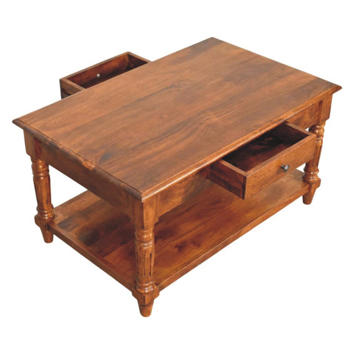 Solid Wood Turned Legs Chestnut Coffee Table, 2-Drawer s, 1 Open Slot, Brown
