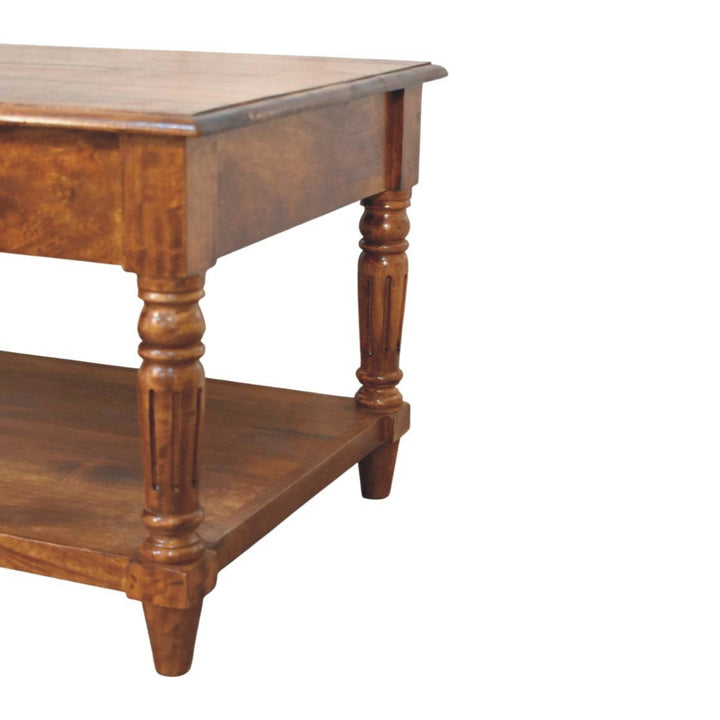 Solid Wood Turned Legs Chestnut Coffee Table, 2-Drawer s, 1 Open Slot, Brown