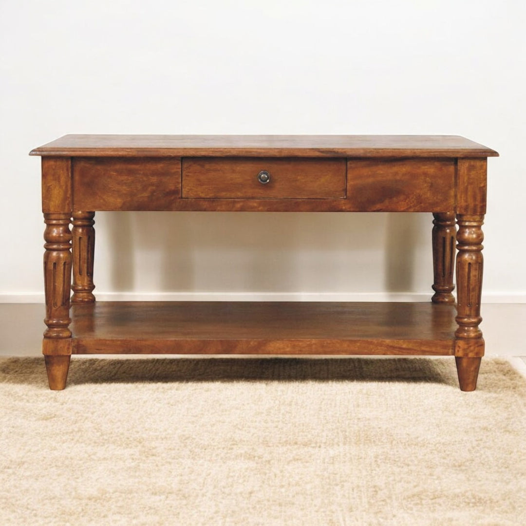 Solid Wood Turned Legs Chestnut Coffee Table, 2-Drawer s, 1 Open Slot, Brown