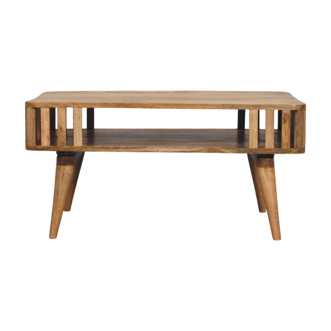 Solid Wood Slatted Oak-ish Coffee Table, Open Storage, Nordic Legs, Light Brown