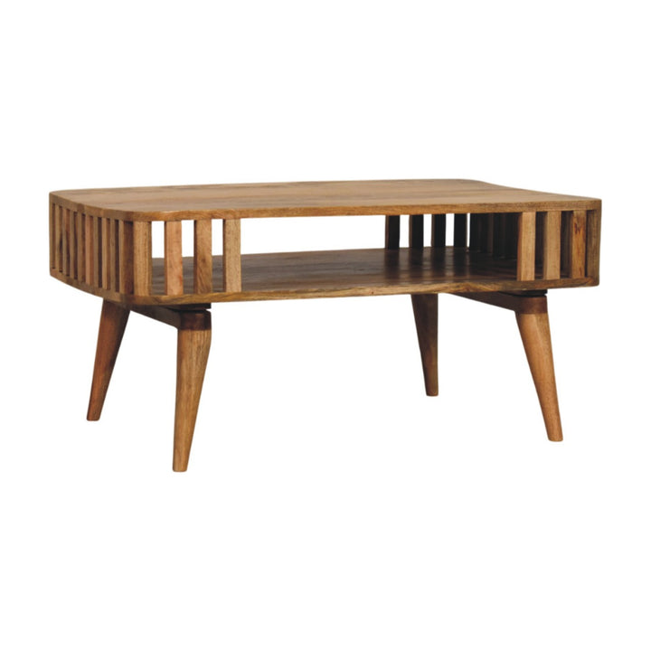 Solid Wood Slatted Oak-ish Coffee Table, Open Storage, Nordic Legs, Light Brown
